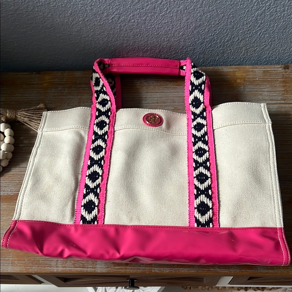 Tory Burch Pink and Cream Tote Bag